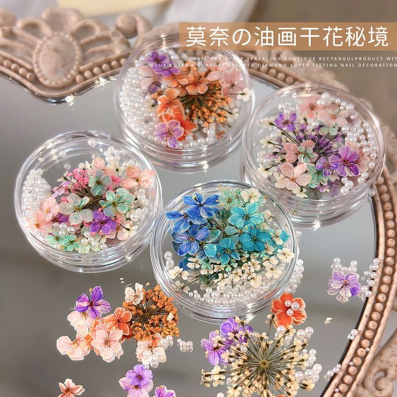 Oil Painting Dried Flower Nail Art Accessories Mixed with Natural Five-Petal Flowers, Baby's Breath, High-Gloss Pearls, DIY Dried Flower Nail Decoration