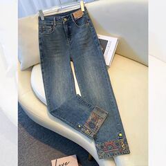 新しい中国風スプライシングシガレットパイプジーンズ女性のための春 2025 新しいホットスタイル小柄な 9 点中国風パンツストレートパンツ
