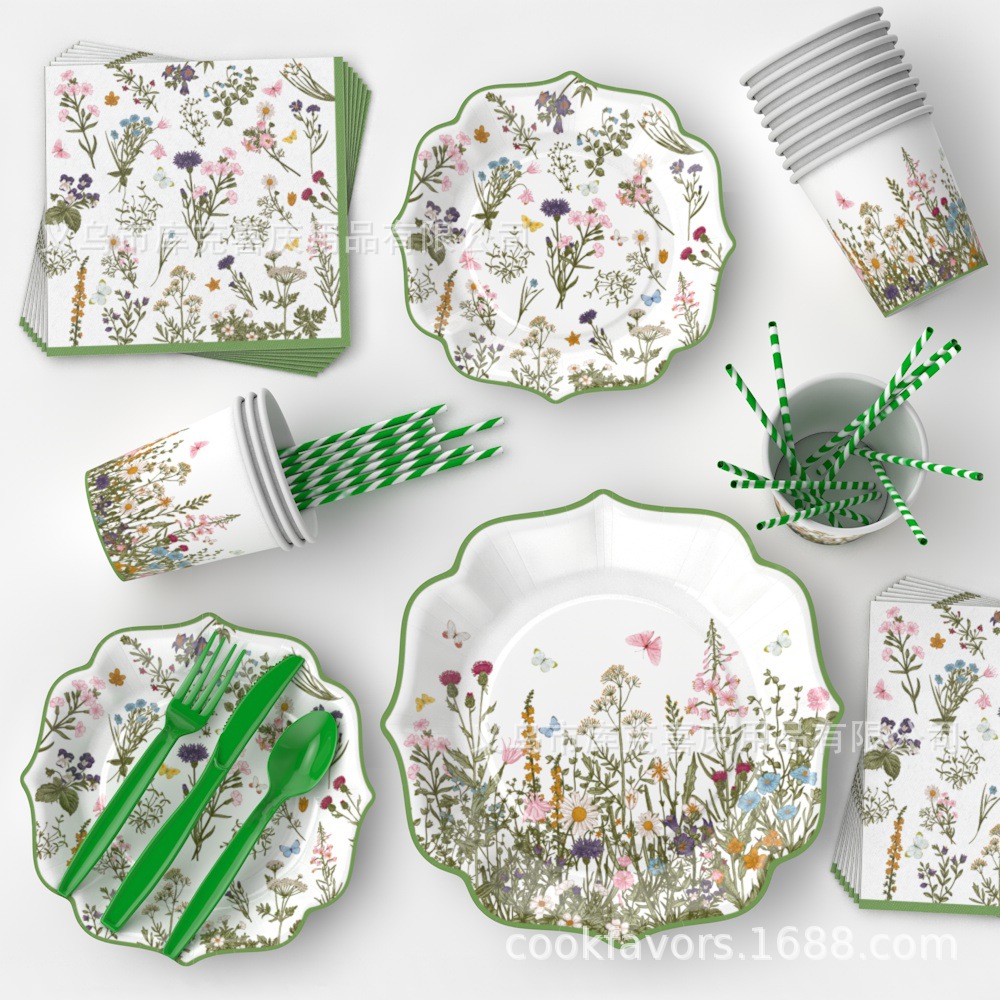 Nueva decoración de fiesta de flores silvestres retro encaje verde de primavera bandeja de papel desechable tazas de papel toallas de papel set de cubiertos