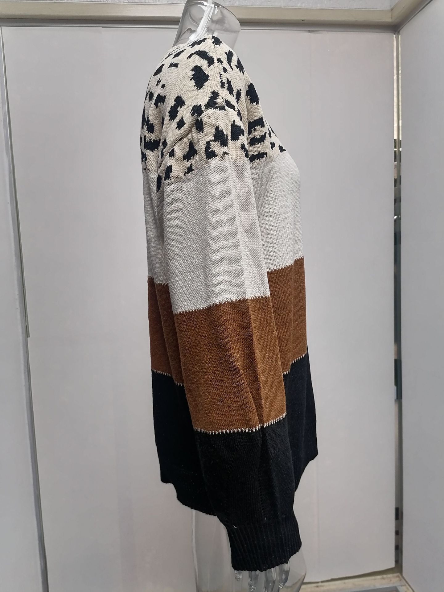 Regular Top Length Women's Sweater Long Sleeve Sweaters & Cardigans Contrast Binding Streetwear Color Block Leopard
