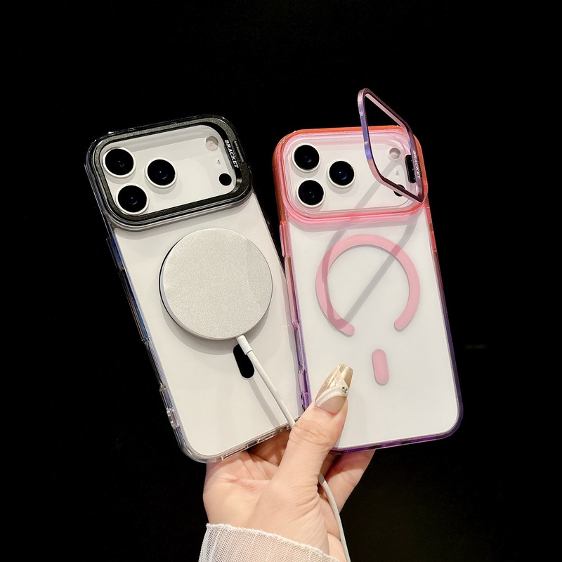 苹果17promax手机壳高透磁吸适用iPhone16镜头支架渐变色简约硬壳|undefined