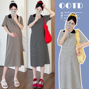 Real Shot of 2025 New Knitted Stripesd Maternity Wear Casual Long Maternity Dress Postpartum Nursing Skirt