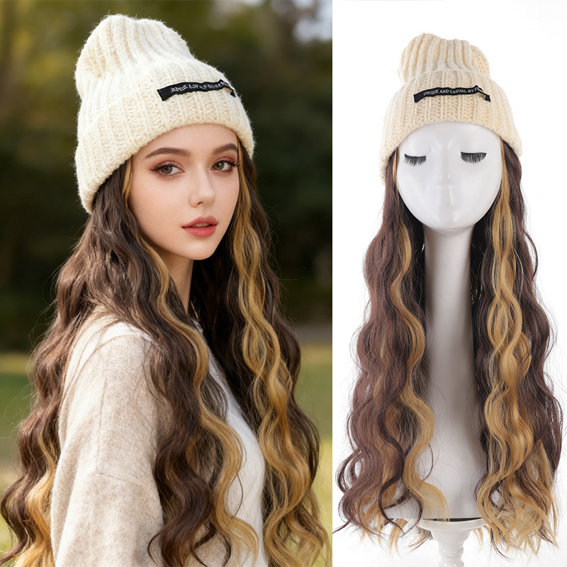 Foreign Trade Hats, Wigs, Women's Woolen Hats, Water Ripples, Autumn and Winter Fashion New Long Curly Hair Knitted Hats, Full Headgear Wholesale