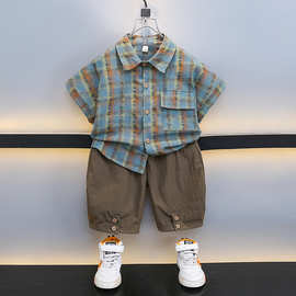 儿童套装男童格子短袖衬衫痞帅夏装2025新款男宝宝童装衬衣两件套