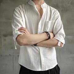 亜麻のシャツの男性の夏の半袖の新しい中国式の白いシャツのゆったりした中国風の綿の麻の7分の袖の上着の男性のシャツ