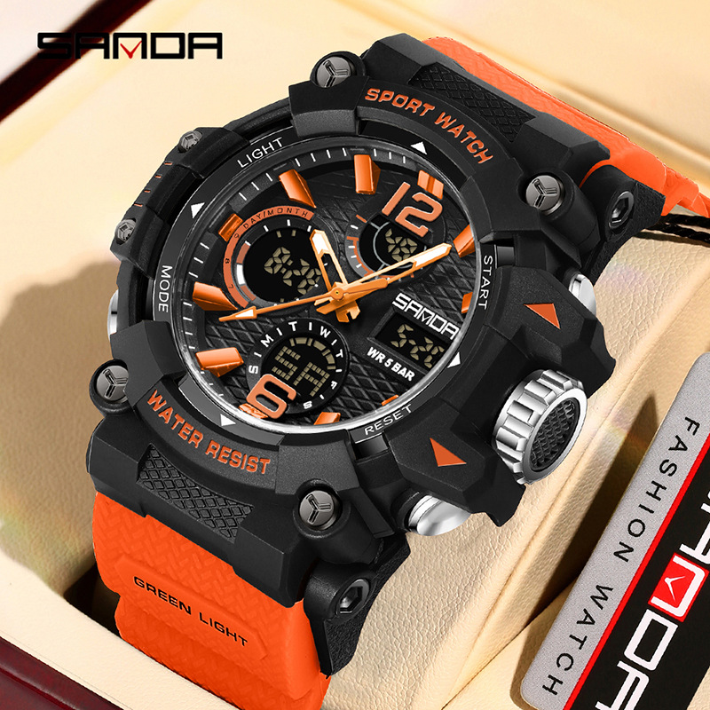 SANDA nuevo reloj de pulsera juvenil transparente al aire libre cool doble reloj de pantalla hombre impermeable luz nocturna reloj electrónico