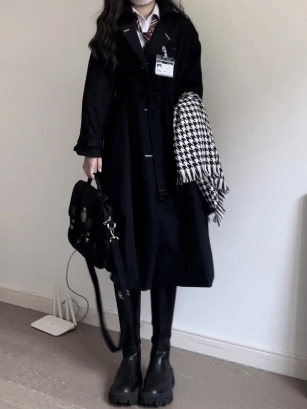 小个子黑色风衣外套女秋2025新款学院风中长款jk大衣外套|undefined