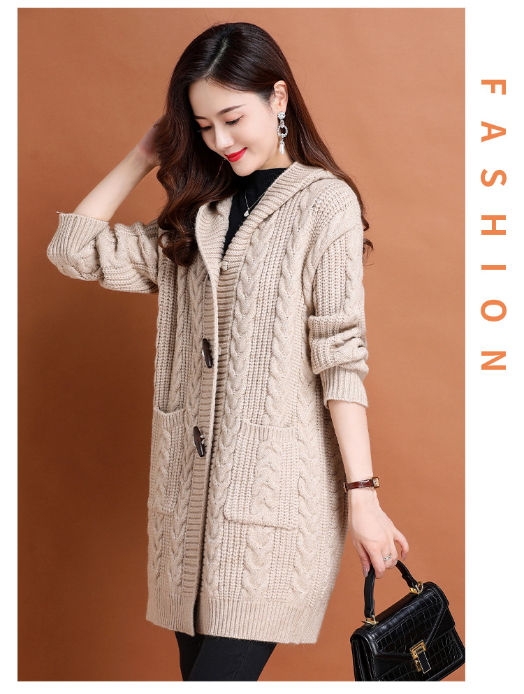 Women's horn button high-end sweater coat women's autumn and winter new versatile loose mid-length twisted hooded cardigan_voghion.com
