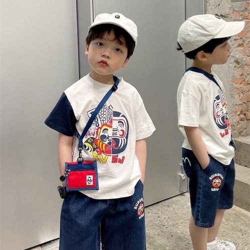 Boys' suit summer new style children's loose Japanese casual short-sleeved cartoon printed color block top trendy for children and middle-aged children