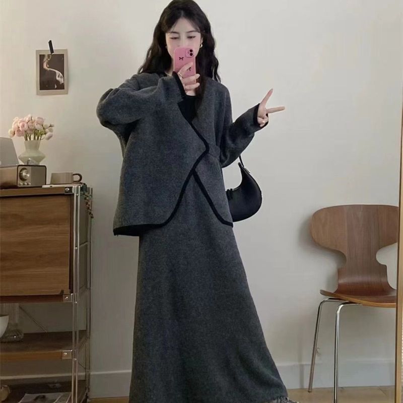 大码女装秋冬加绒加厚感套装不规则衣胖MM显瘦半身裙两件套女|undefined
