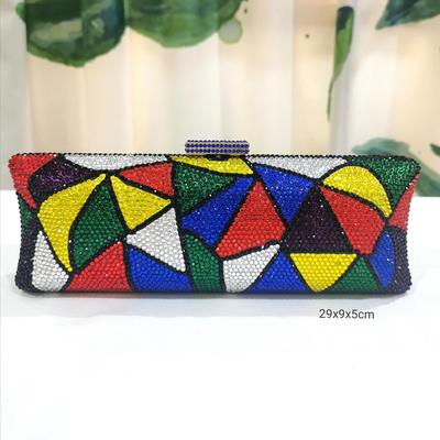 嘉喜利现货2021春季新款女时尚女包几何图案水钻小方包撞色晚宴包