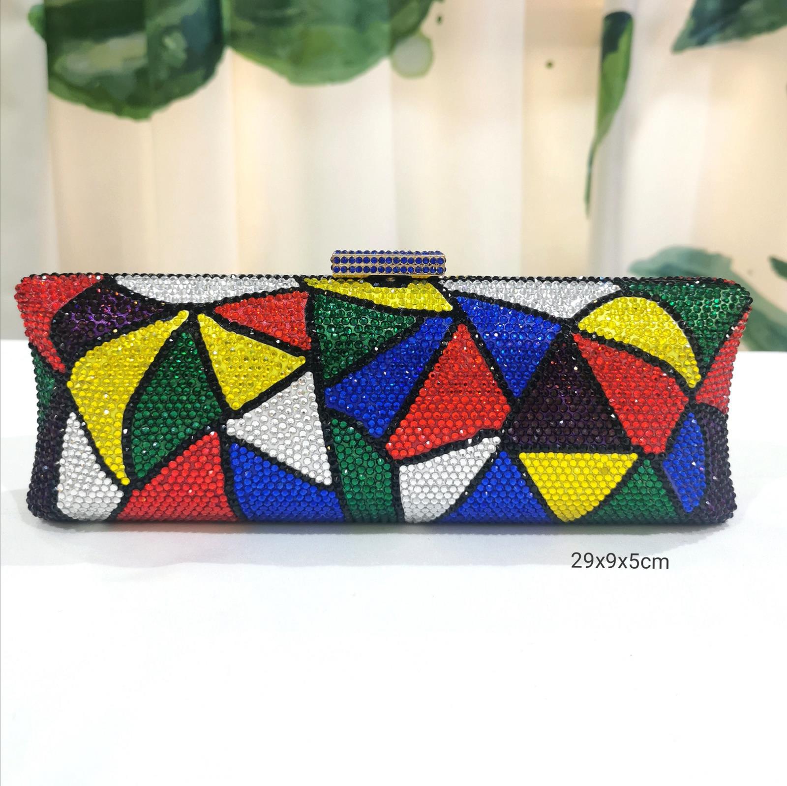 嘉喜利现货2021春季新款女时尚女包几何图案水钻小方包撞色晚宴包