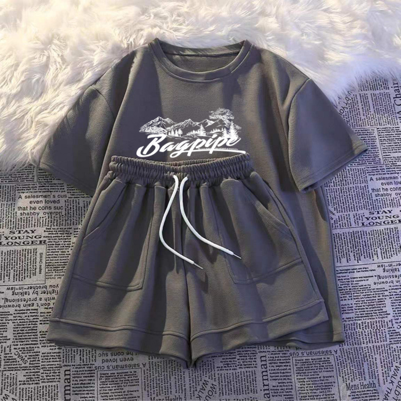 休闲运动服套装女夏宽松减龄显瘦大码中长款短袖短裤跑步两件套装|undefined