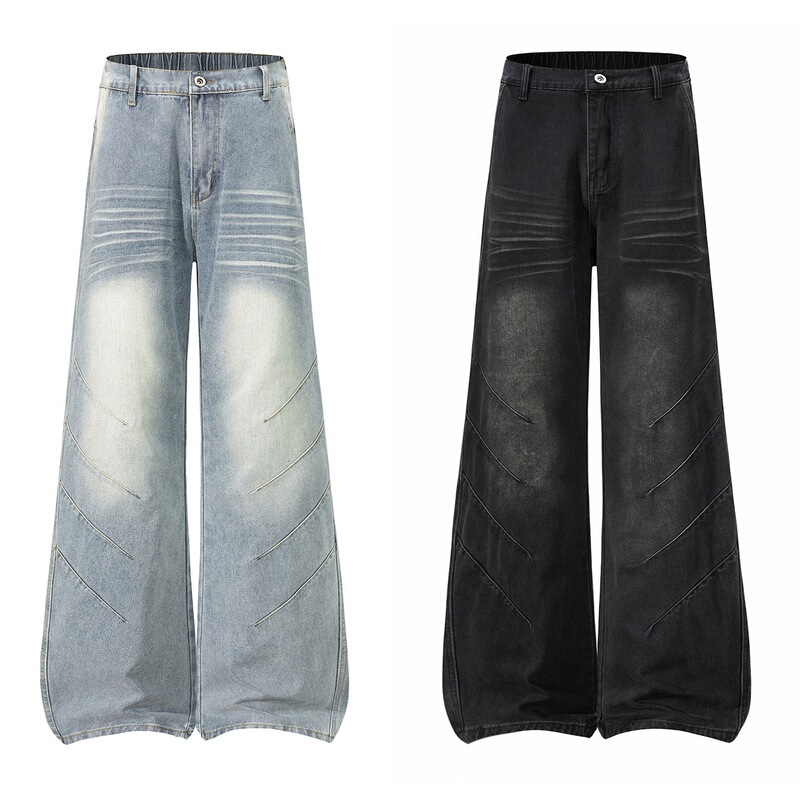 American high street style unique shark-ear straight-leg jeans for men, slightly flared, washed, boyfriend style, with a distinctive design, loose fit, trendy brand American high street style unique shark-ear straight-leg jeans for men, slightly flared, washed, boyfriend style, with a distinctive design, loose fit, trendy brand