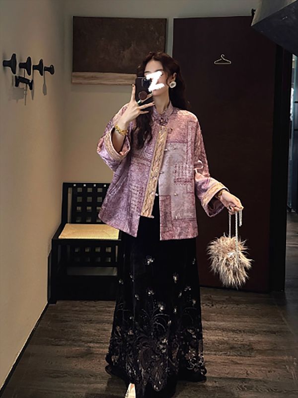新中式国风缎面提花印花外套秋季高端新款气质刺绣棉服女装 N9071|undefined
