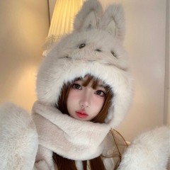 冬季拉布布长围巾帽子女款三件一体连帽围脖可爱百搭保暖兔子帽