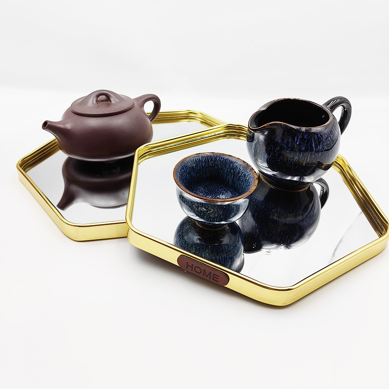 Bandeja de espejo Caja de almacenamiento de cosméticos Caja de almacenamiento de bandeja hexagonal de joyería Bandeja de almacenamiento de espejo de escritorio ins