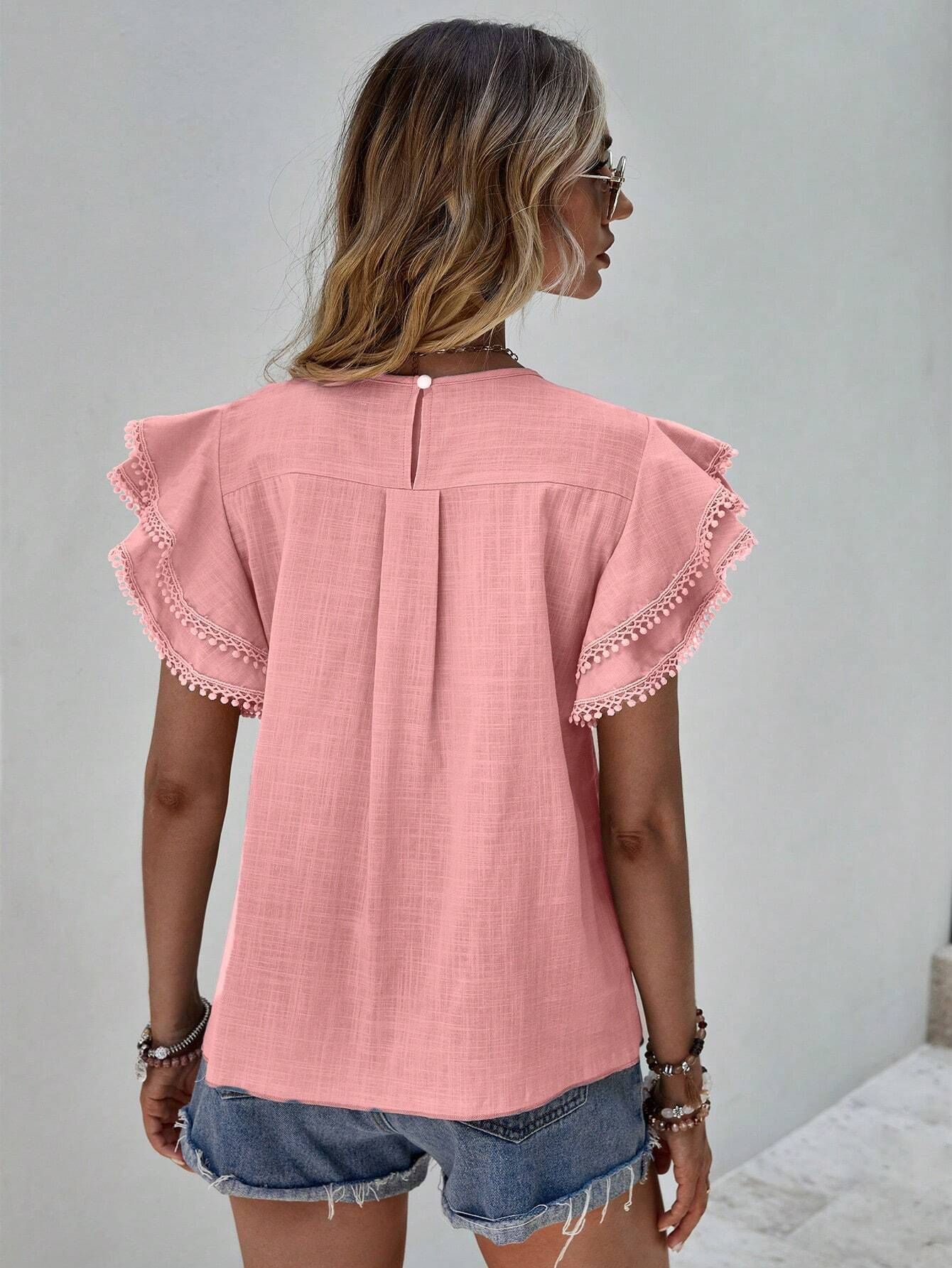 238g Weight Short Sleeve Sleeve Length Pullovers Placket Type Flounce Sleeve Sleeve Type Polyester Fabric Type Regular Top Length T-shirt Tops Type Holiday, Daily Occasion Round Neck Neckline Loose Fit Type Solid Color Pattern Summer Season Women's Gender Button Design Casual, Elegant Style Wholesale Women's Casual Elegant Solid Color Short Sleeve Button Blouses 9