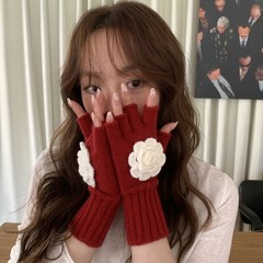 2025年新款可爱少女花朵ins学生针织五指 半指保暖骑行 甜美手套