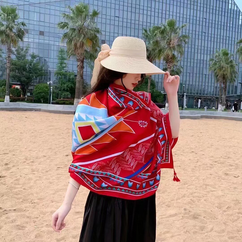 Sopa de satén de twill para mujeres 2025 bufandas de viento nacional de verano tibetanas bufandas de seda protector solar lago Qinghai turismo foto toalla de playa
