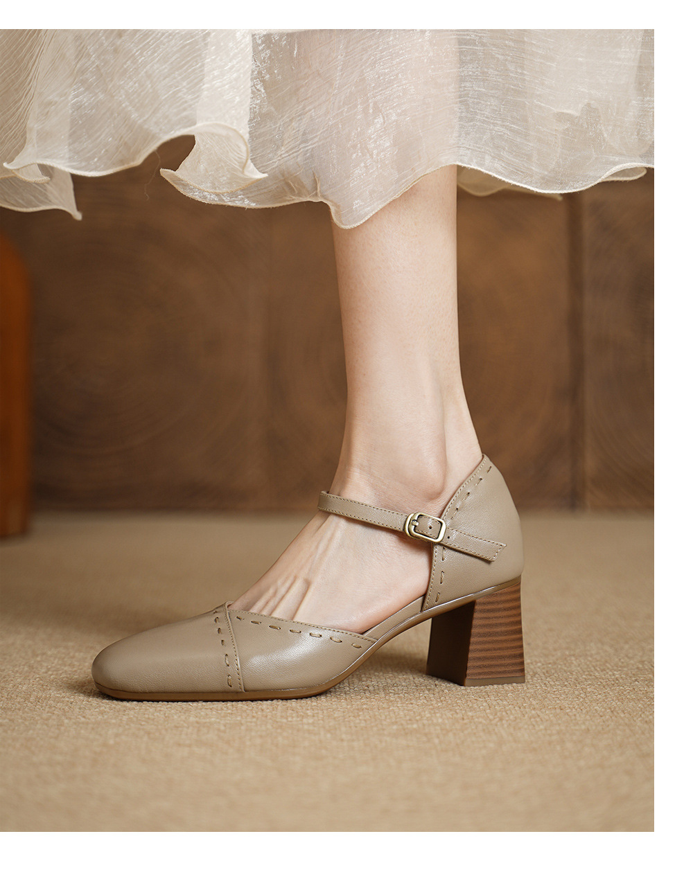 Giày sandal cao gót nữ quai ngang mũi vuông gót 6 cm — đen chi tiết 3