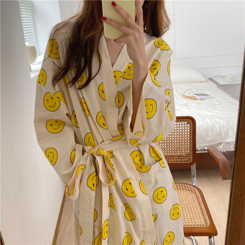 2021秋季新款可愛笑臉睡袍純棉長袖系帶浴袍和服女ins家居服睡衣