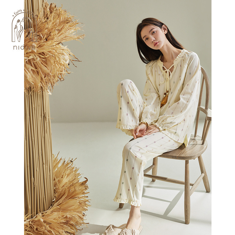 Nidia New Arrival Pajamas Women's Spring Cotton Long-Sleeved Fashionable V-Neck Cardigan Sweet Vacation Style Home Suit Nidia New Arrival Pajamas Women's Spring Cotton Long-Sleeved Fashionable V-Neck Cardigan Sweet Vacation Style Home Suit