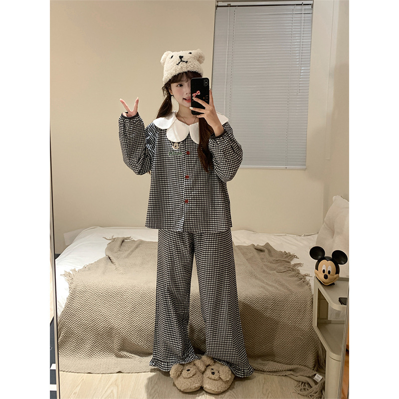 少女可爱娃娃花瓣领长袖睡衣女春秋款2025新款格子长裤居家服套装|undefined
