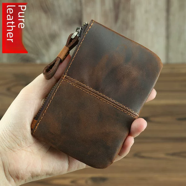 Vintage Crazy Horse Leather Coin Purse Coin Leather Small Purse Mini Short Zipper Korean Style Key Men's and Women's Small Money Bag