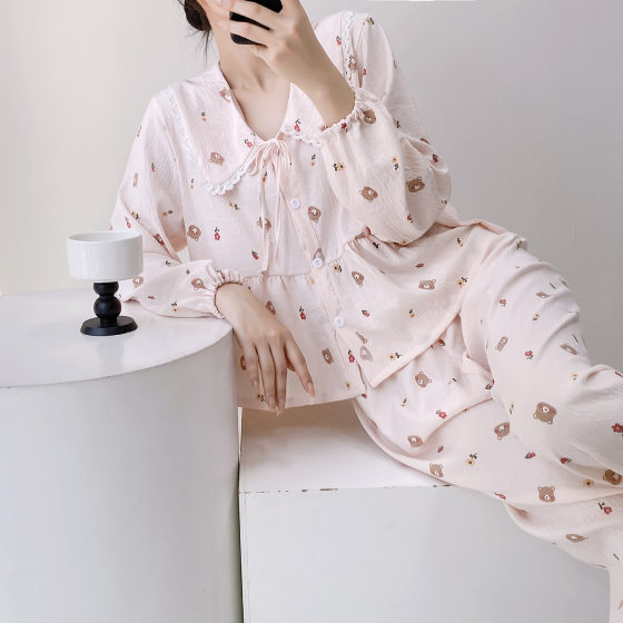 Cartoon Bear Pajamas Cute Girl's Heart Pajamas Thin Clouds Cotton Home Clothes Long Sleeve Doll Collar Summer Pajamas