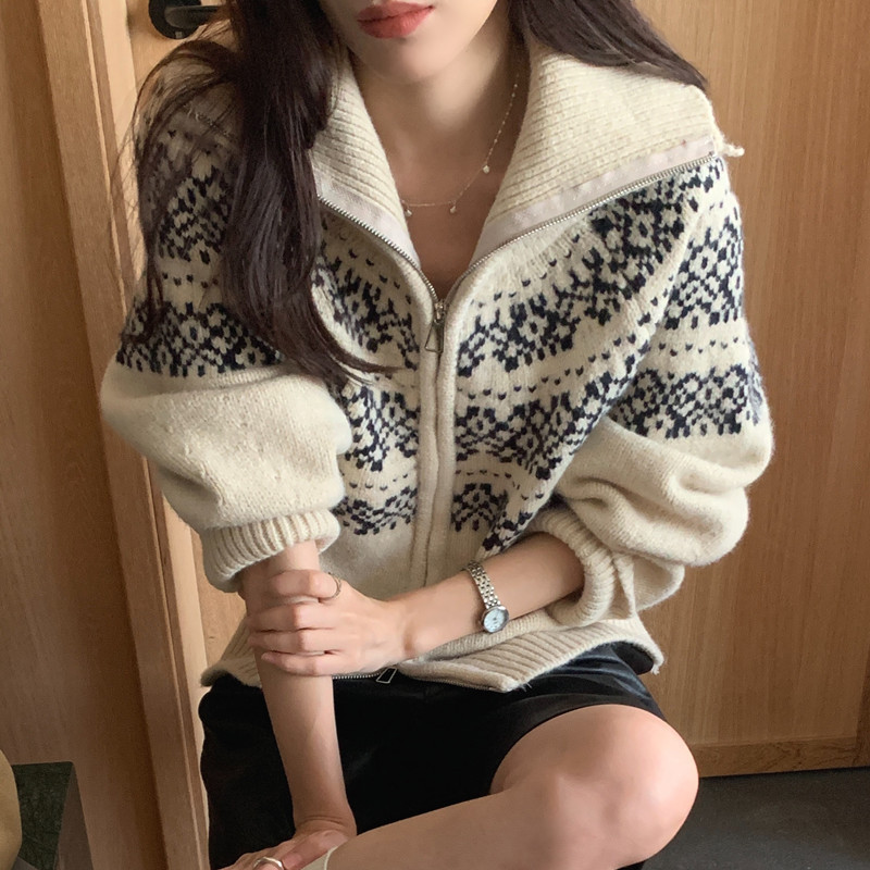 Jacquard coreano cremallera corta de punto cardigan otoño / invierno 2025 nuevo suéter de la isla de Fair chaqueta retro de Navidad