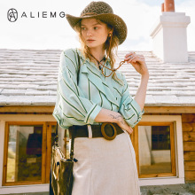 ALIEMG艾莉麦琪2025年新款设计感真丝衬衫小清新条纹半袖宽松衬衣