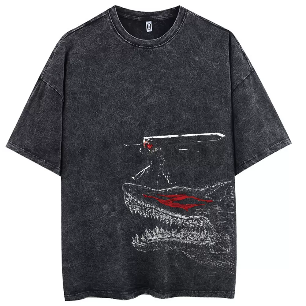 跨境外贸亚马逊wish复古袖棉美式旧火影忍者五分动漫短袖T水洗黑T