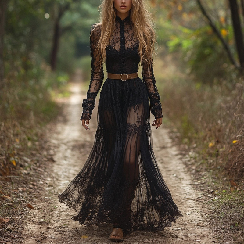 European and American Retro V-Neck Lace Women's Long-Sleeved Dress Pastoral Style Lace Retro Long Dress European and American Retro V-Neck Lace Women's Long-Sleeved Dress Pastoral Style Lace Retro Long Dress