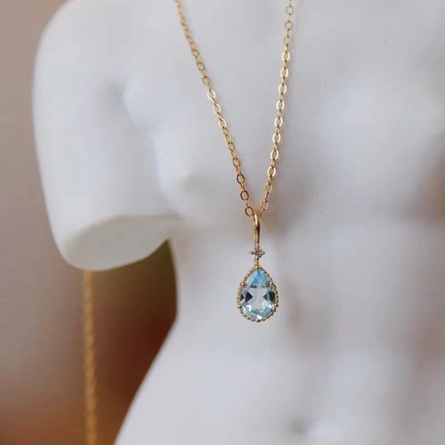 S925 sterling silver plated with 14K gold sky blue topaz pendant clavicle chain water drop shape retro high-end necklace