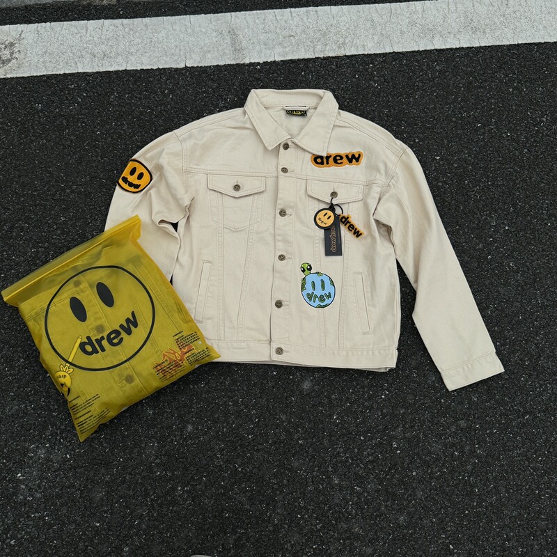 High Version DREW Smiley Justin Bieber Same Inkjet Flip Print Flocking Full Print Denim Jacket Coat