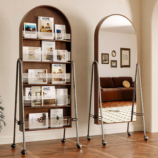 Scandinavian Style Retro Solid Wood Dressing Mirror Full-Length Mirror Floor Mirror Home Fitting Mirror Bedroom Removable with Magazine Rack