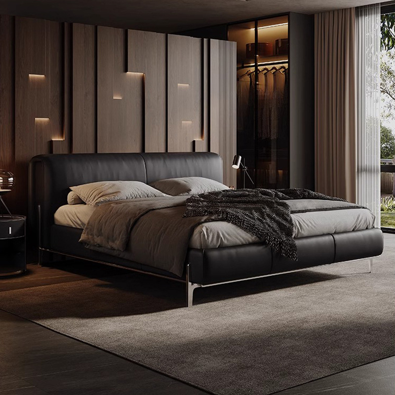 Cama de samurai negro, cama de cuero minimalista italiana, cama de dormitorio principal, cama queen size, 2 * 2.2m, cama de matrimonio, cama doble, cama de cuero negro