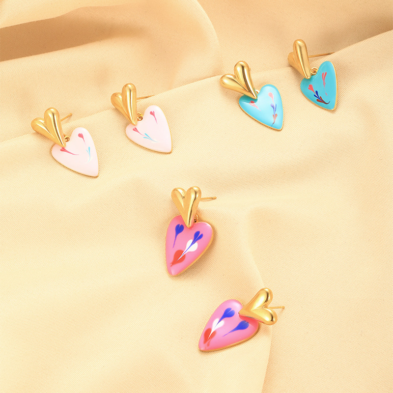 氣質簡約彩色滴油烤漆愛心耳環女百搭小眾設計輕奢高級感耳飾批發