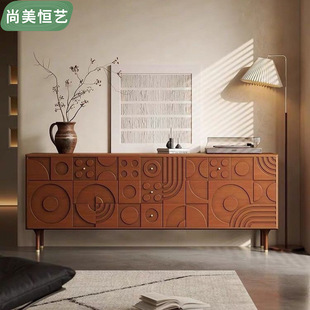 Boxwood Nordic Expressionist Art Creative French Mid-Century Vintage Style Solid Wood Carving Element Floral Double-Door Chest of Drawers