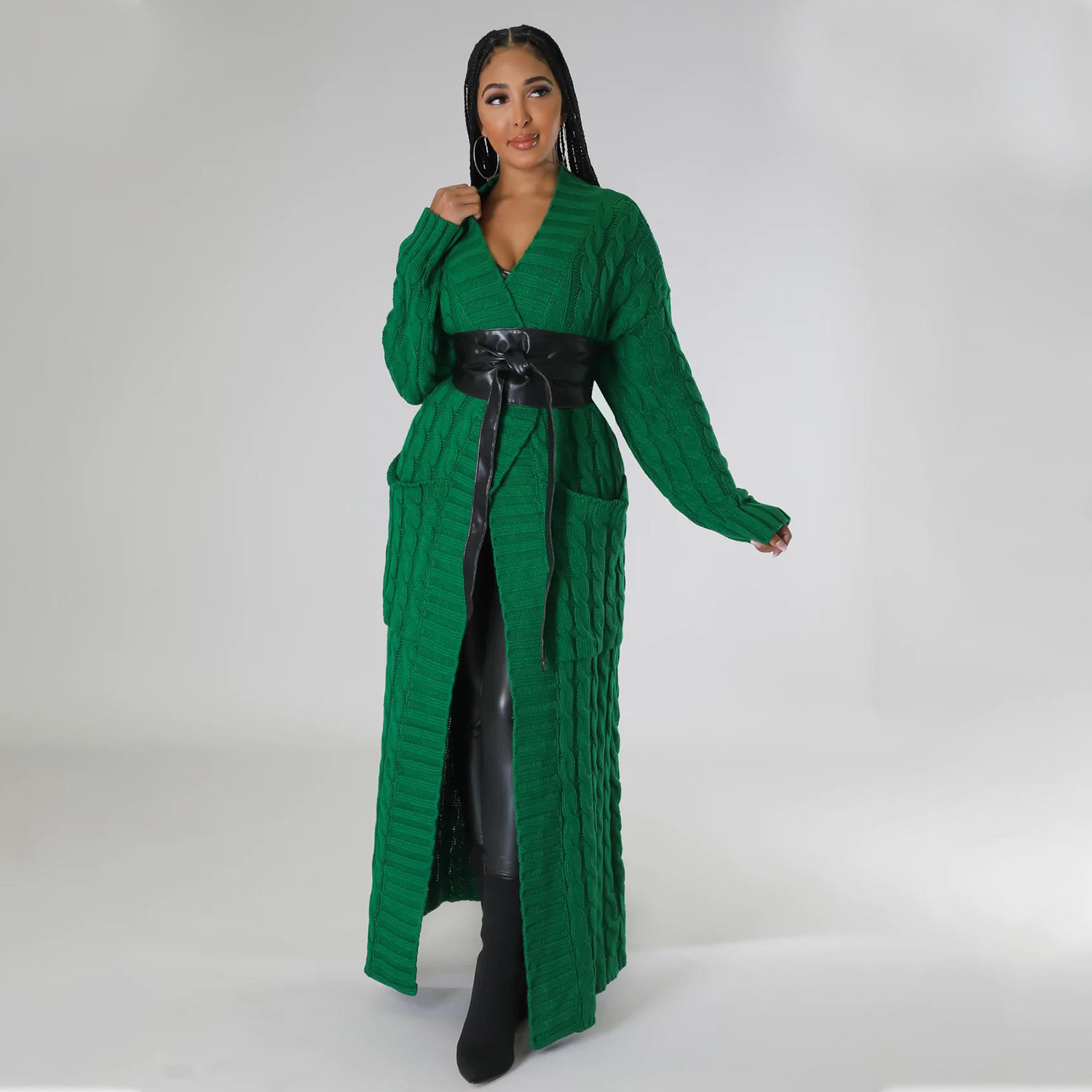 2025 nuevo otoño e invierno Amazon ropa de mujer europea y americana moda bolsillo cárdigan casual suéter de manga larga largo color sólido exterior