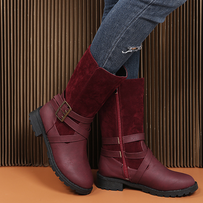 Damenschuhe, Martin-Stiefel mit mittlerer Röhre, Gürtelschnalle, runder Kopf, niedriger Absatz, Ritterstiefel mit seitlichem Reißverschluss, Lederstiefel_voghion.com