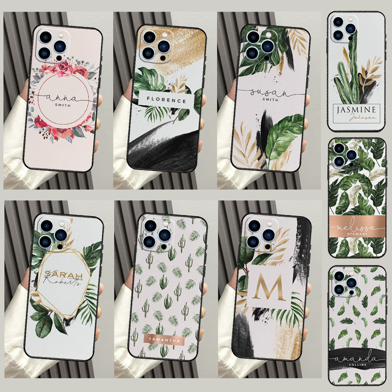 适用苹果手机壳个性化首字母棕榈叶绿色手机壳iPhone 15 12 13 14