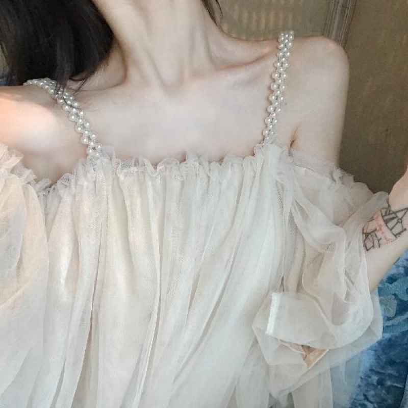 珍珠网纱吊带裙子气质一字肩仙女裙夏季2025新款甜美露肩连衣裙女