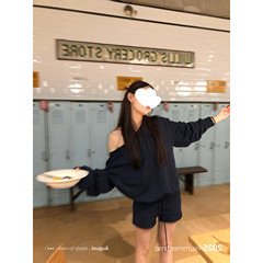 SUN 宽松斜肩美式卫衣套装女早秋季休闲外套开衫短裤一整套