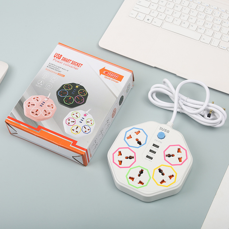 CX-T16#2米电线八角形创意5位接线板3USB盒子装国外插头外贸插排