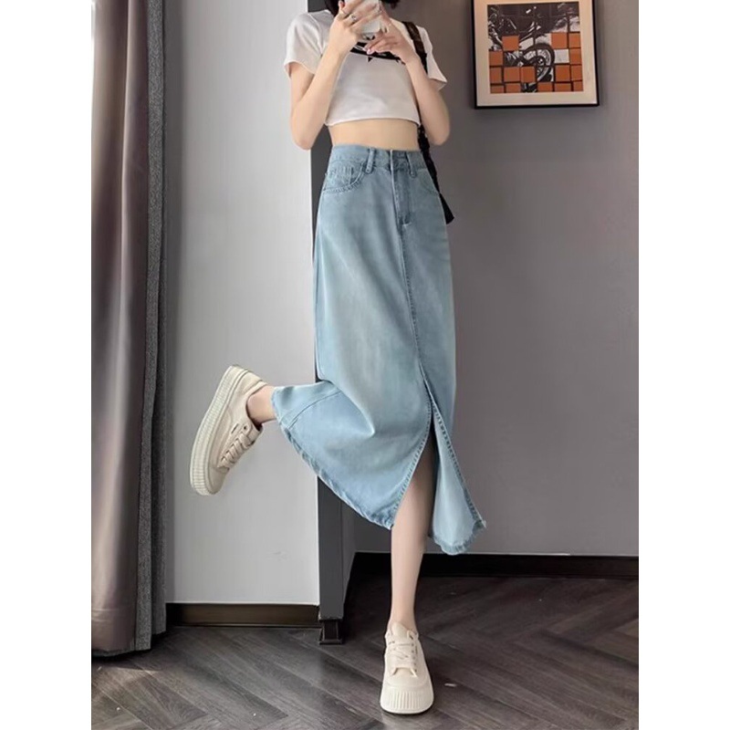 胖mm大码天丝浅蓝色牛仔半身裙女宽松高腰前开叉设计复古中长裙子