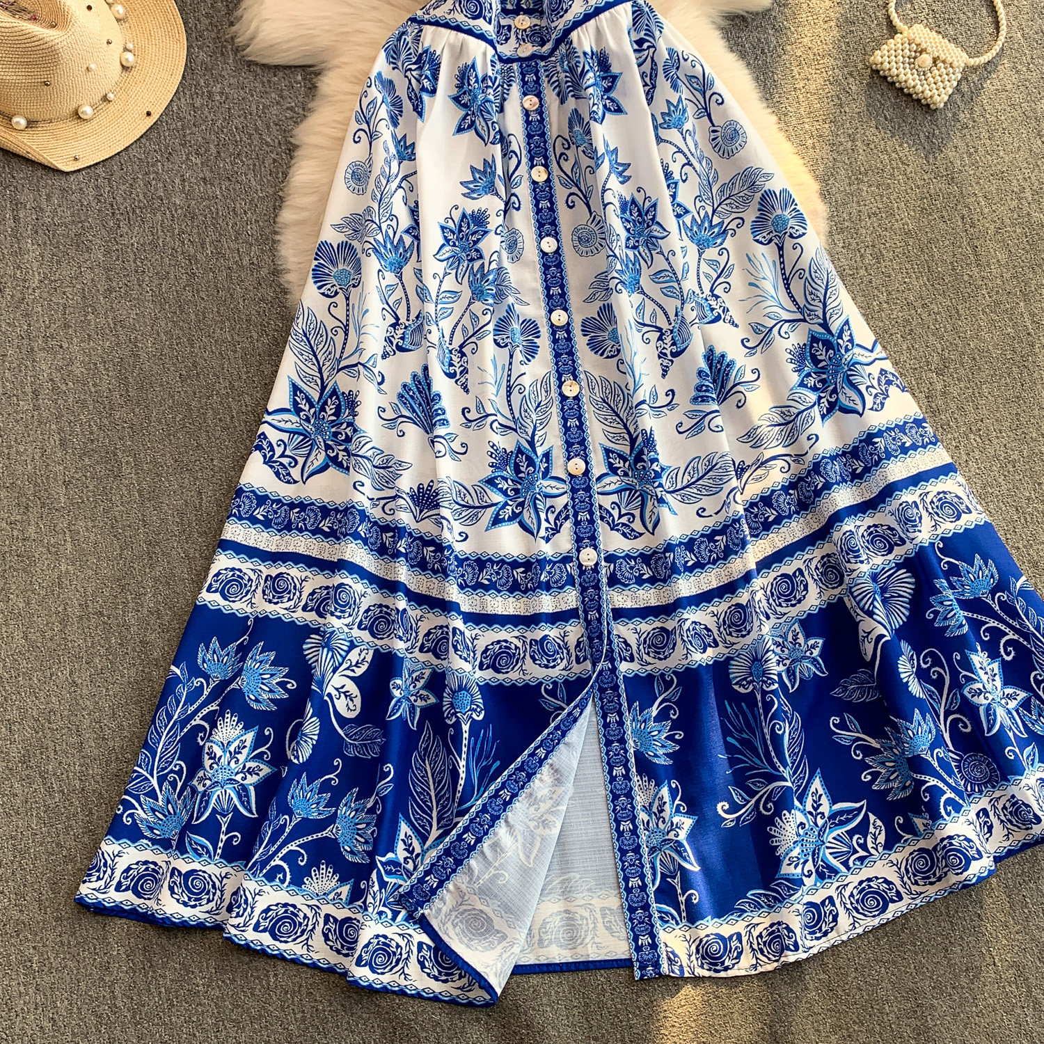 Women's European American Retro V Neck Dress Lace Trimmed Floral Print Fitted Waist Long Skirt Elegant Spring Autumn Wear_ecoleips.com