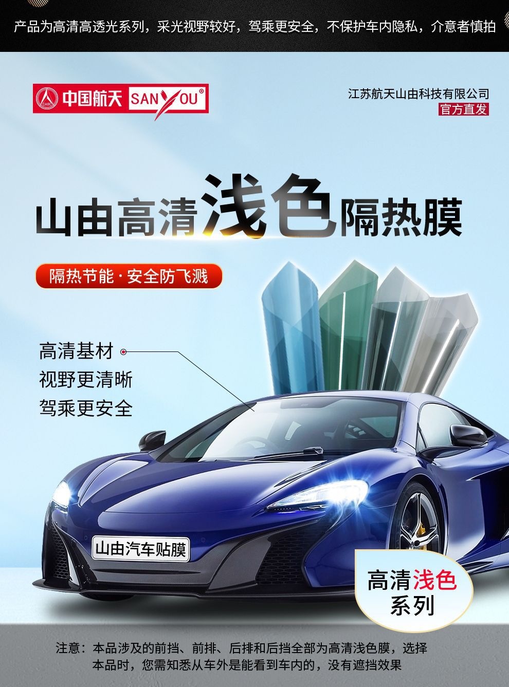 China Aerospace Sanyou Car Window Film High-Definition Front Windshield and Front Passenger Door Sun Protection and Heat Insulation Film