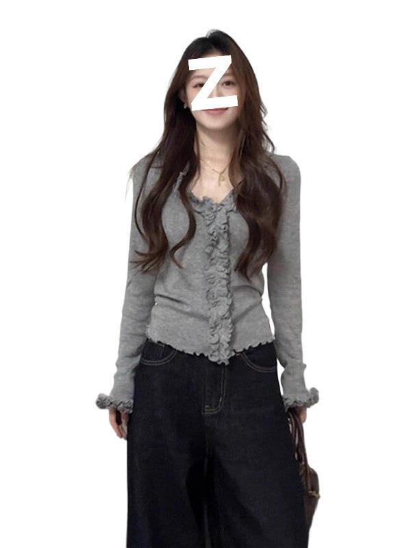 法式V领边灰色长袖针织衫女秋冬季修身内搭设计感打底衫上衣|undefined